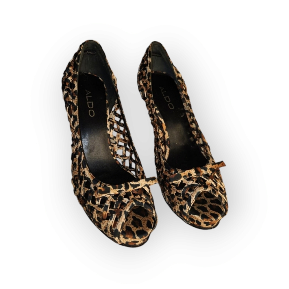 Aldo Leopard Print Open Toe Mesh Heels - image 1